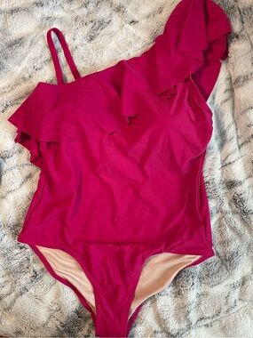 One-Shoulder Ruffle One-Piece Swimsuit - Hot Pink Beach Pool Vacation